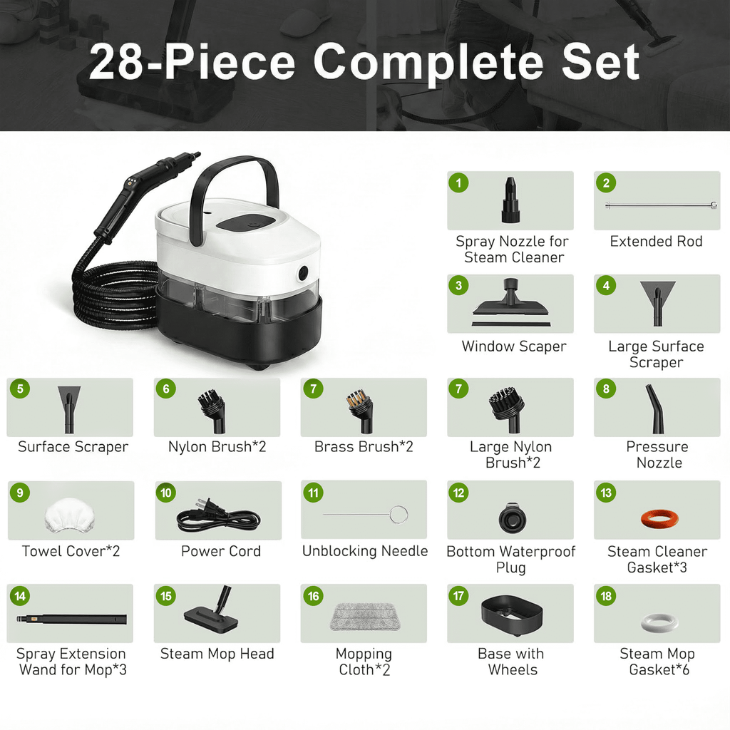 Powerful Steam Cleaner – 15s Heat-Up 2500W Handheld Steamer with 3-Level Adjustable Handle 1.6L Tank & 16 Accessories – Portable Steamer for Home, Car, Grease, Grout, Tile & Upholstery