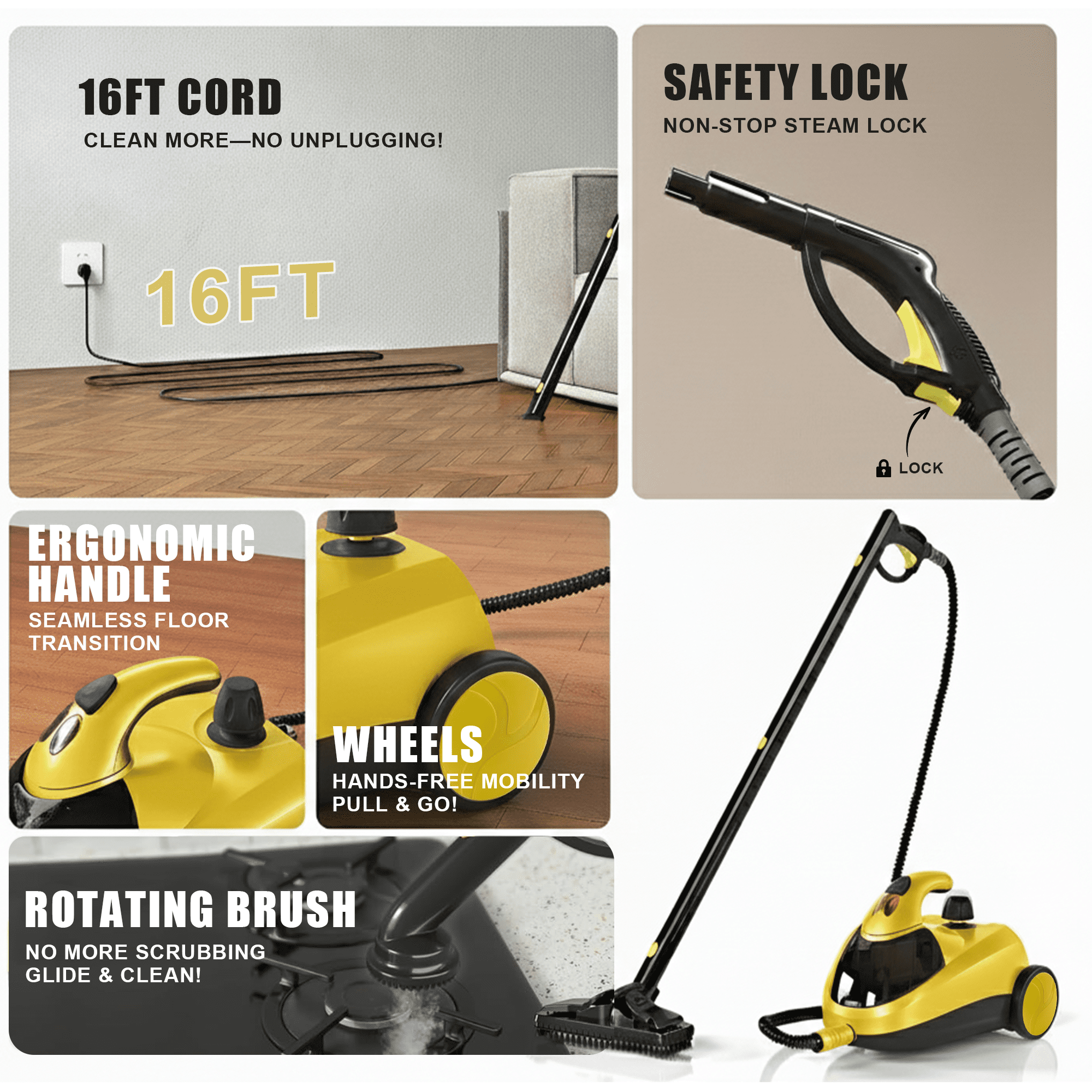 Heavy-Duty Steam Cleaner - 1500W Multipurpose Handheld Floor Steamer with 22 Accessories 16ft Cord for Home, Car Detailing, Tile, Grout, Carpet, Wallpaper, Upholstery, Window, Deep Cleaning