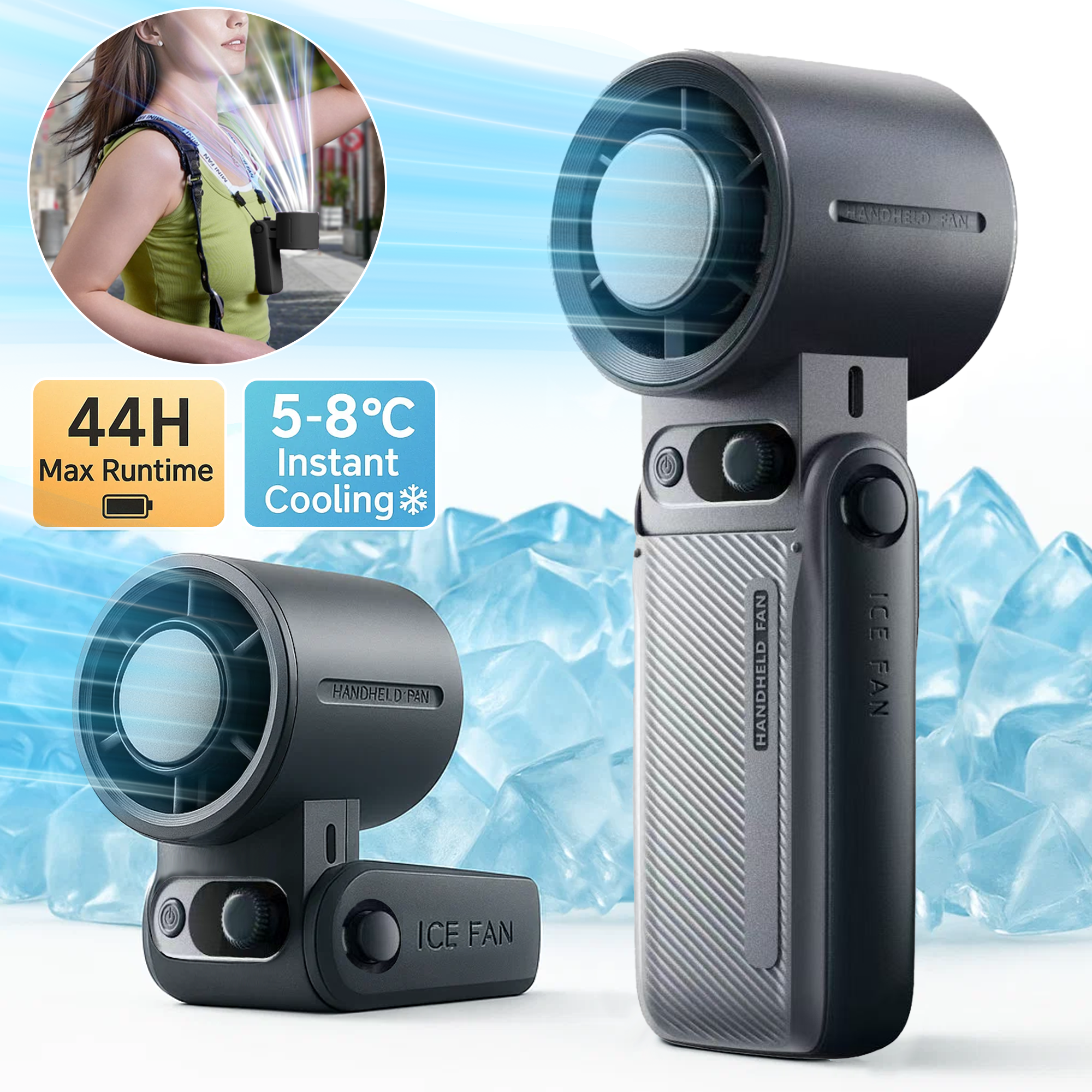 Rebelduck Portable Handheld Turbo Fan with Ice Cooler Technology – 199-Speed High-Speed Cooling Fan Up to 44 Working Hours Type-C Fast Charge Ultra-Quiet & Lightweight, Gray