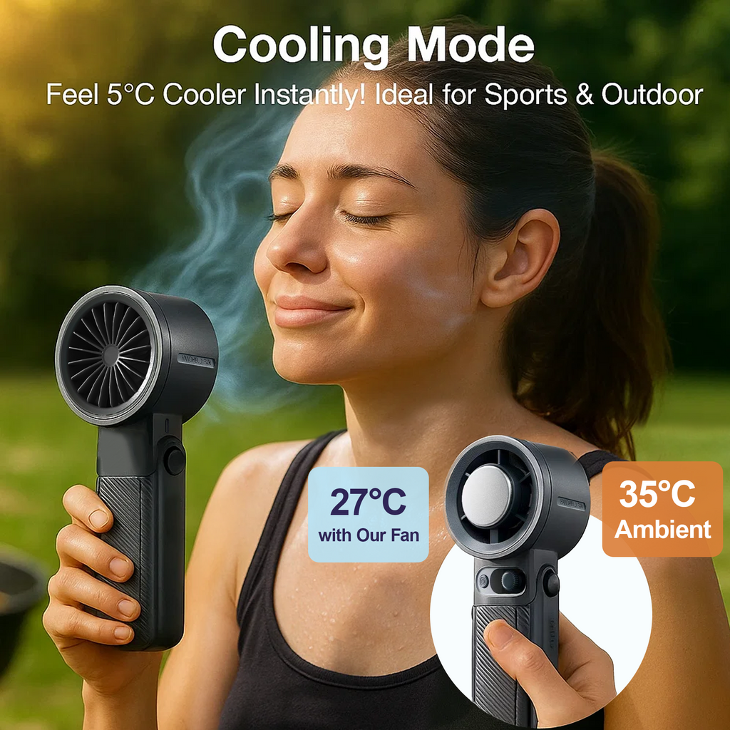 Rebelduck Portable Handheld Turbo Fan with Ice Cooler Technology – 199-Speed High-Speed Cooling Fan Up to 44 Working Hours Type-C Fast Charge Ultra-Quiet & Lightweight, Gray