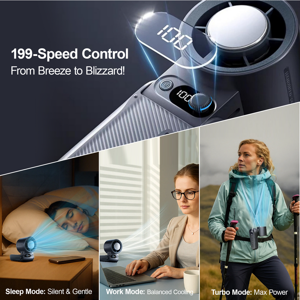 Rebelduck Portable Handheld Turbo Fan with Ice Cooler Technology – 199-Speed High-Speed Cooling Fan Up to 44 Working Hours Type-C Fast Charge Ultra-Quiet & Lightweight, Gray