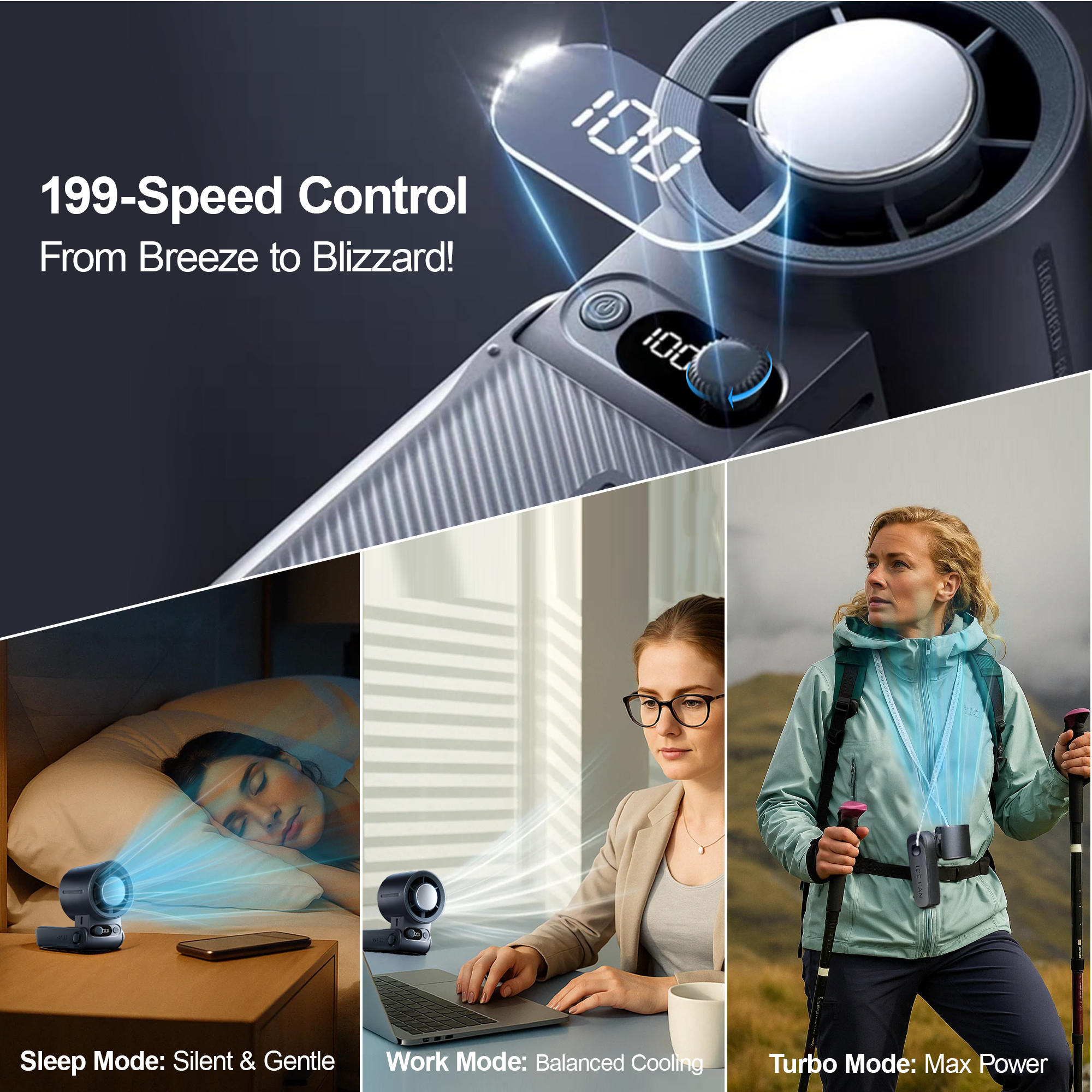 Rebelduck Portable Handheld Turbo Fan with Ice Cooler Technology – 199-Speed High-Speed Cooling Fan Up to 44 Working Hours Type-C Fast Charge Ultra-Quiet & Lightweight, Gray