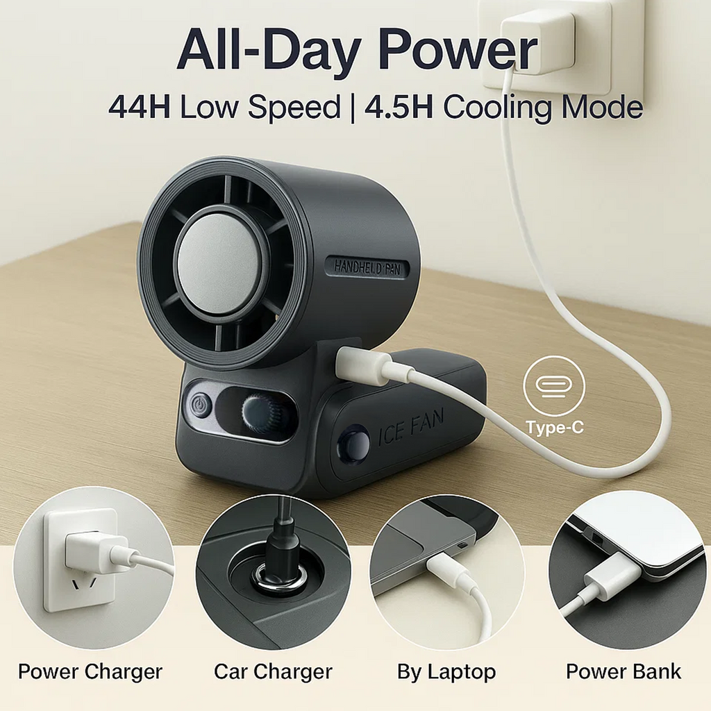 Rebelduck Portable Handheld Turbo Fan with Ice Cooler Technology – 199-Speed High-Speed Cooling Fan Up to 44 Working Hours Type-C Fast Charge Ultra-Quiet & Lightweight, Gray