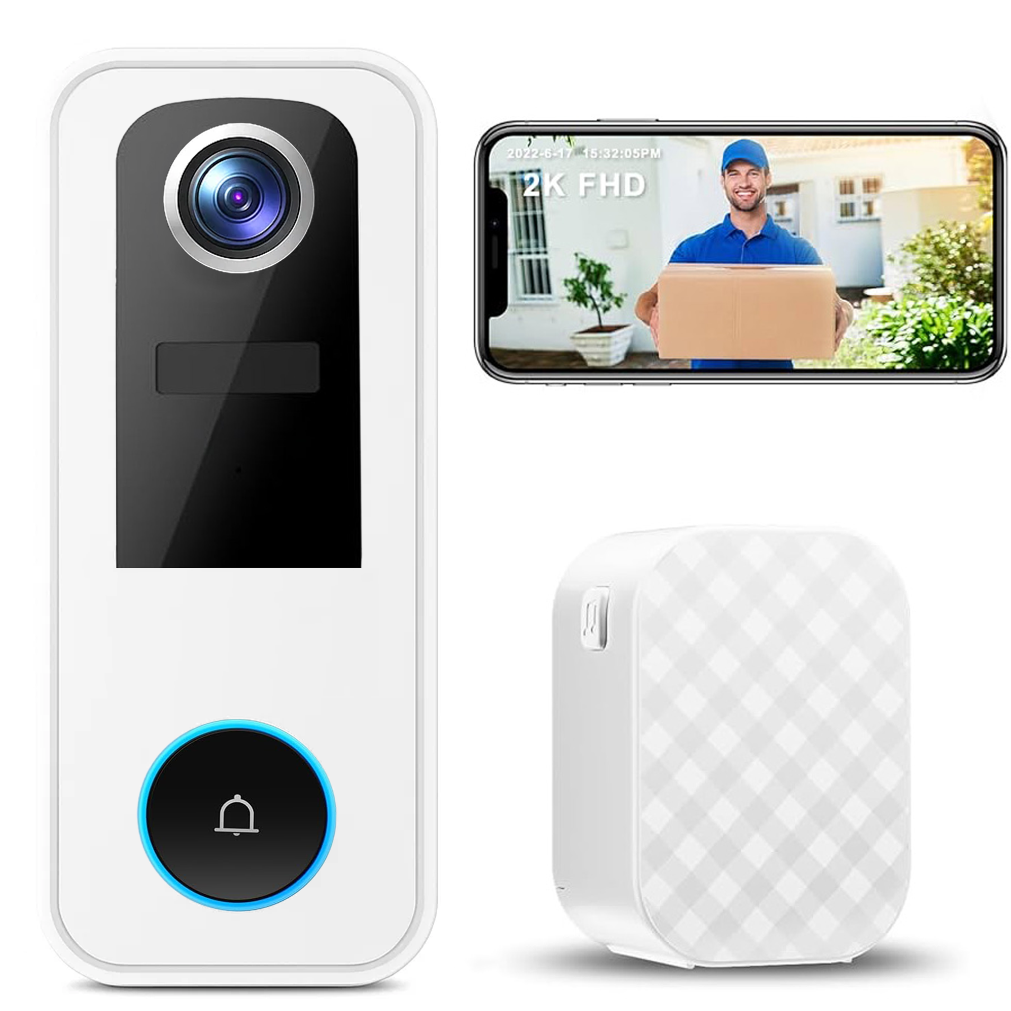 Rebelduck 2K Wireless Video Doorbell with Chime, AI Human Detection, 2-Way Talk, Voice Changer, Night Vision, Weatherproof, SD/Cloud Storage, No Monthly Fee