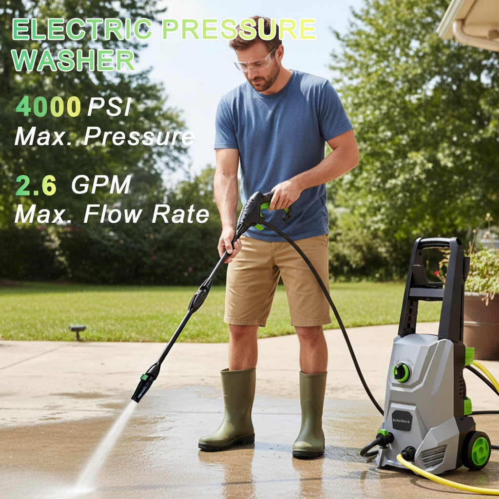 Rebelduck 4000 PSI Electric Pressure Washer Max 2.6 GPM Power Washer with Adjustable Nozzle 0-120°,Foam Cannon 35FT Power Cord 20FT Hose for Car Garden Yard Hom
