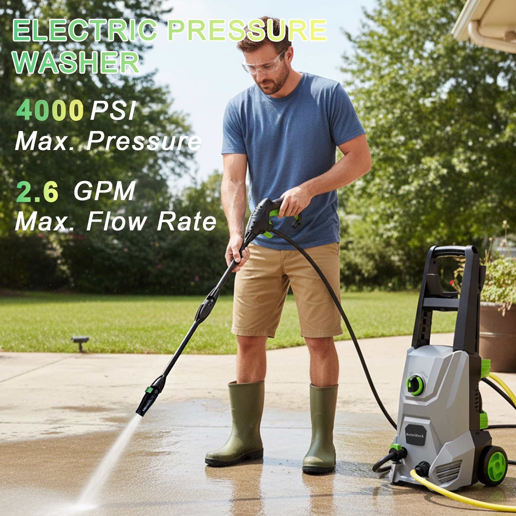 Rebelduck 4000 PSI Electric Pressure Washer Max 2.6 GPM Power Washer with Adjustable Nozzle 0-120°,Foam Cannon 35FT Power Cord 20FT Hose for Car Garden Yard Hom