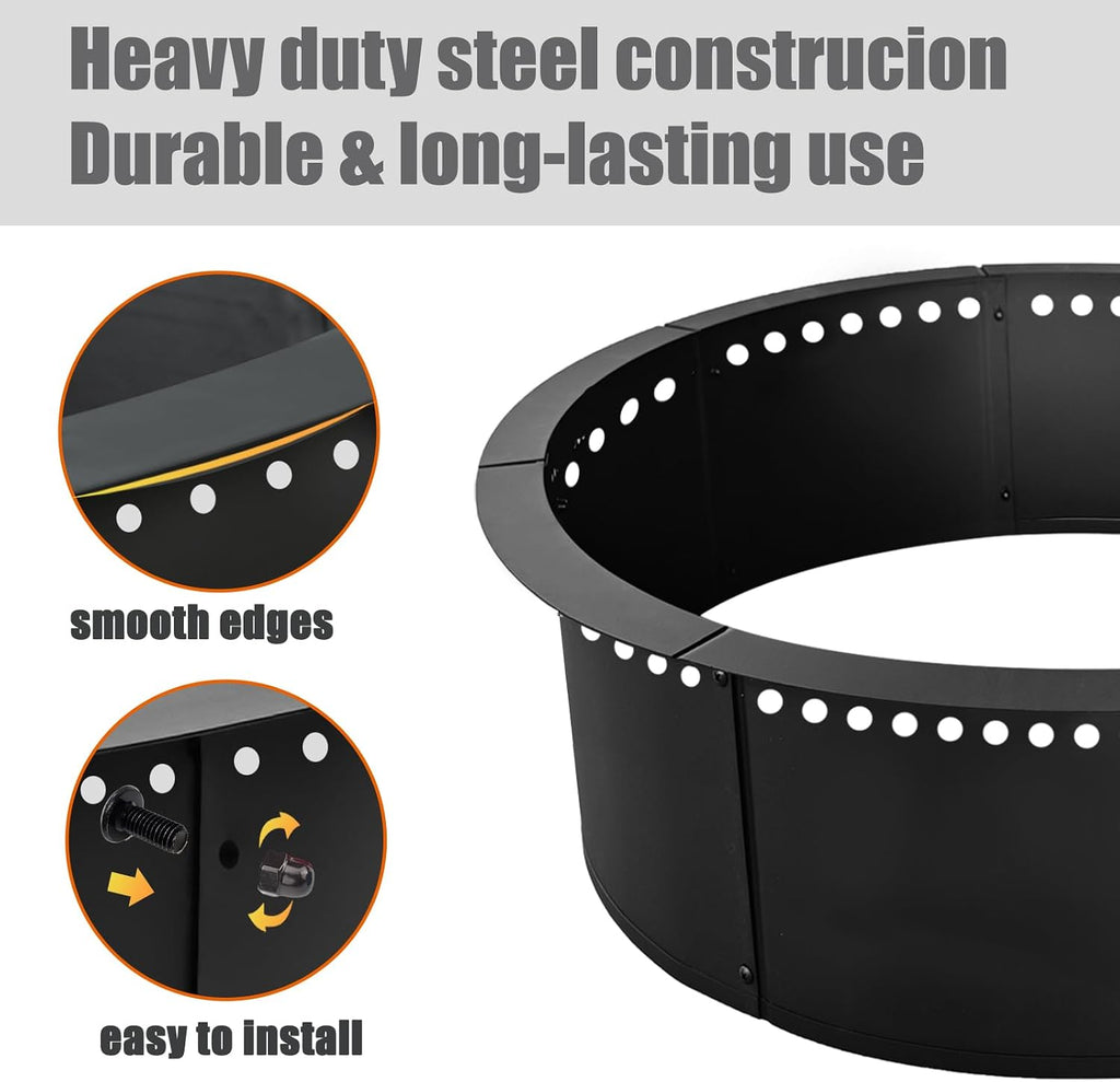 Fire Pit Ring, AOVOX Heavy Duty Round Steel Wood Burning Fire Pit Insert with Vent Holes, Portable In-Ground & Above Ground Outdoor Fire Ring for Backyard Patio Camping Garden