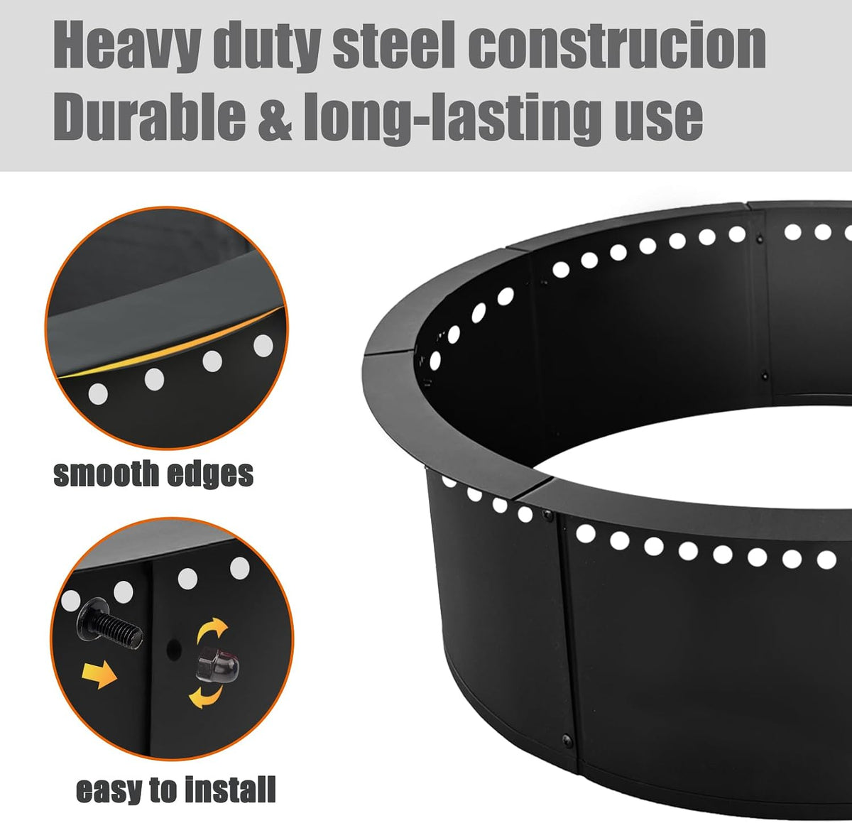 Fire Pit Ring, AOVOX Heavy Duty Round Steel Wood Burning Fire Pit Insert with Vent Holes, Portable In-Ground & Above Ground Outdoor Fire Ring for Backyard Patio Camping Garden