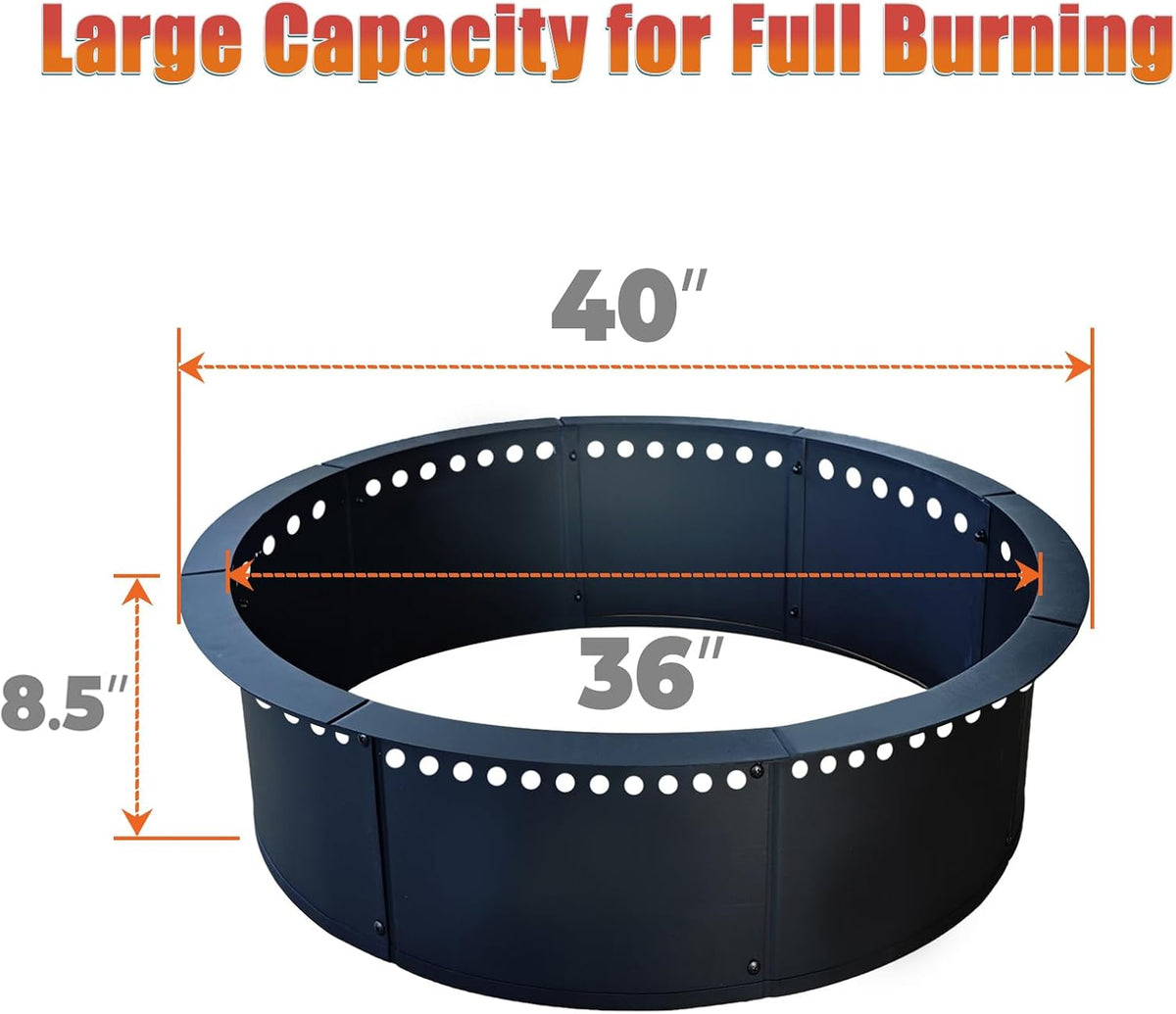 Fire Pit Ring, AOVOX Heavy Duty Round Steel Wood Burning Fire Pit Insert with Vent Holes, Portable In-Ground & Above Ground Outdoor Fire Ring for Backyard Patio Camping Garden