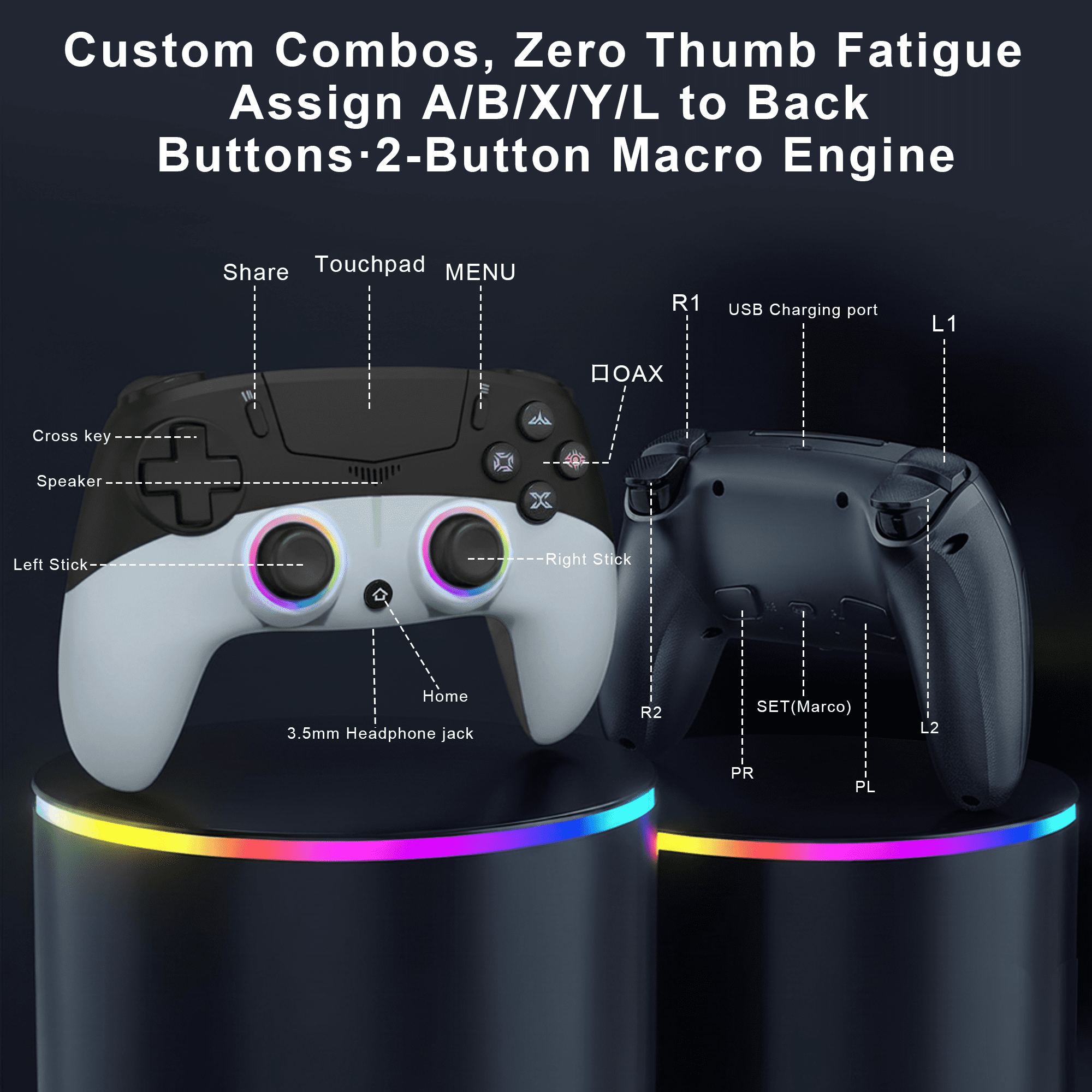 Rebelduck Wireless RGB Controller Compatible with P5/P5 Pro/P5 Slim with Dual Vibration & Six-Axis Sensor