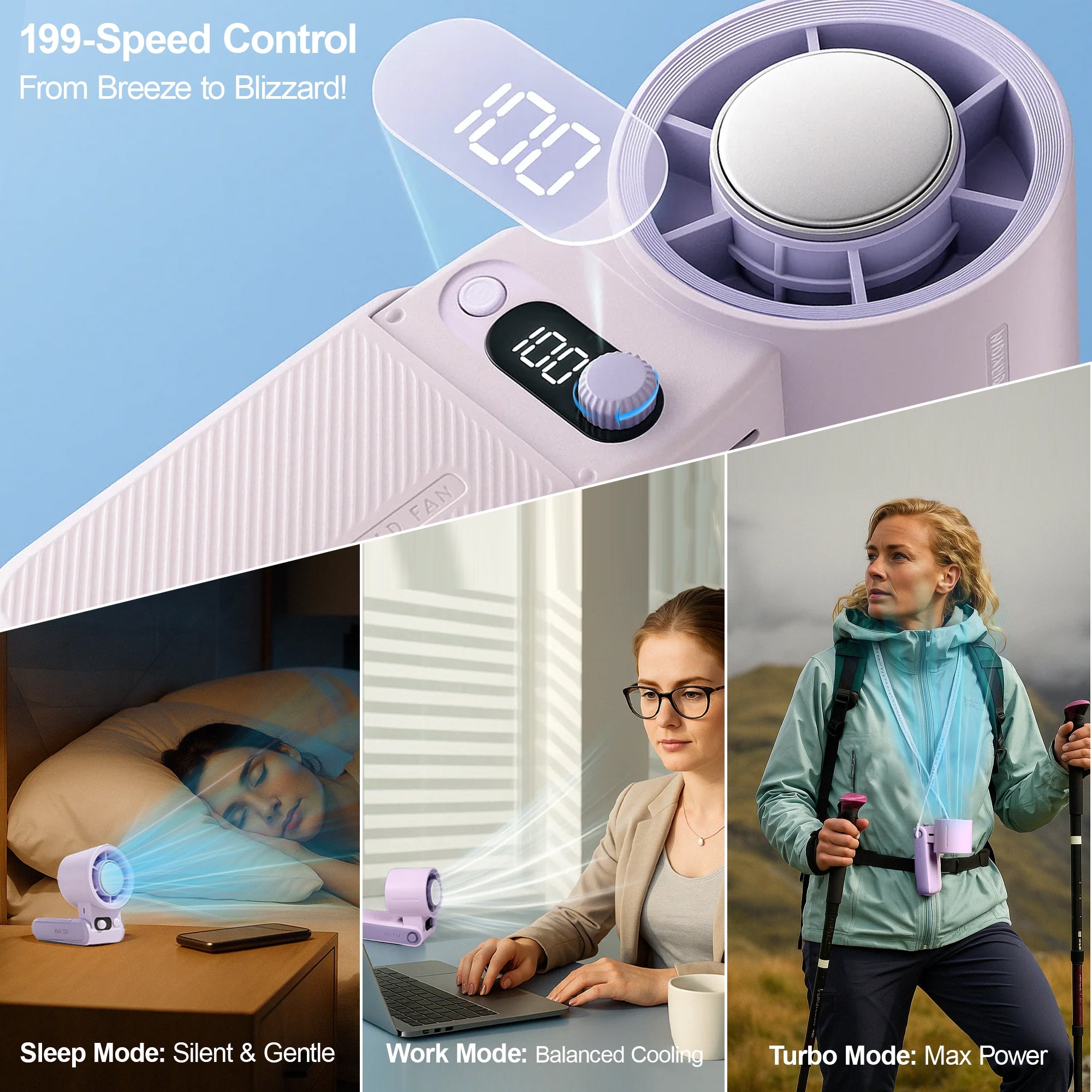 Rebelduck Portable Handheld Turbo Fan with Ice Cooler Technology – 199-Speed High-Speed Cooling Fan Up to 44 Working Hours Type-C Fast Charge Ultra-Quiet & Lightweight, Purple