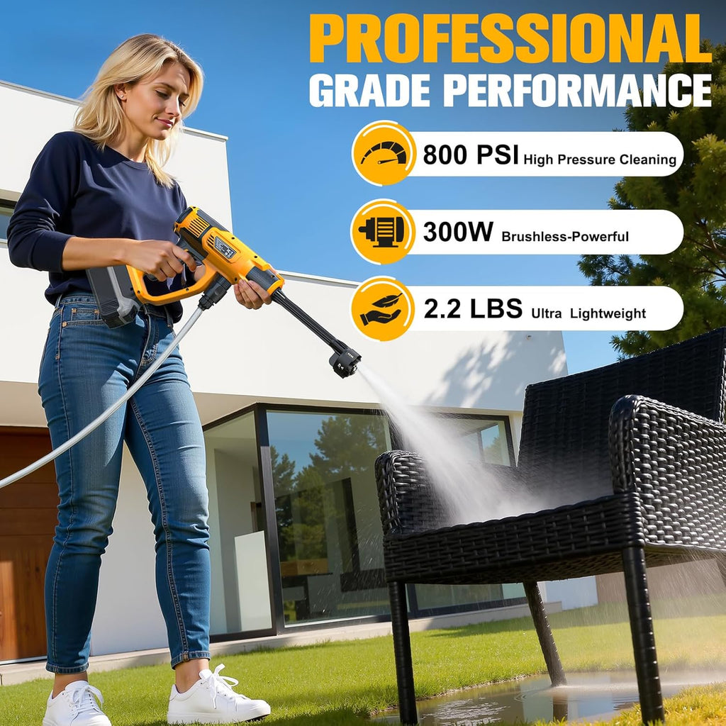 Cordless Pressure Washer Compatible with DeWalt 20V Battery, 1200PSI Ultra-Light 2.2LBS with Brushless Motor, 16.4ft Hose & 6-in-1 Nozzle + Foam Cannon for Car, Patio, Fence