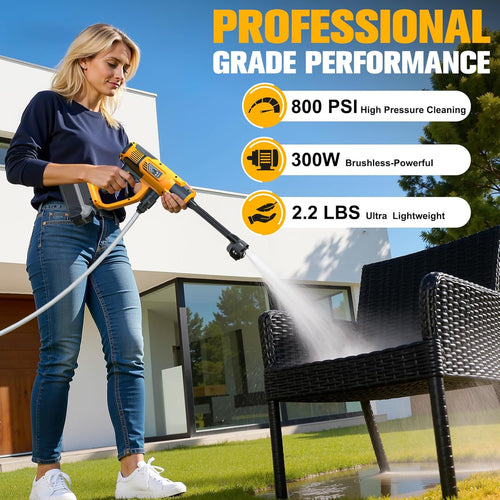 Cordless Pressure Washer Compatible with DeWalt 20V Battery, 1200PSI Ultra-Light 2.2LBS with Brushless Motor, 16.4ft Hose & 6-in-1 Nozzle + Foam Cannon for Car, Patio, Fence