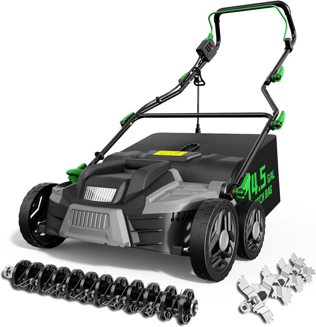 2026 Upgrade 16-Inch 15.5 Amp 2-in-1 Electric Dethatcher and Scarifier with 14.5-Gallon Collection Bag, Lawn Dethatcher with 5-Position Depth Adjustment, Keeps Lawn Healthy - Green