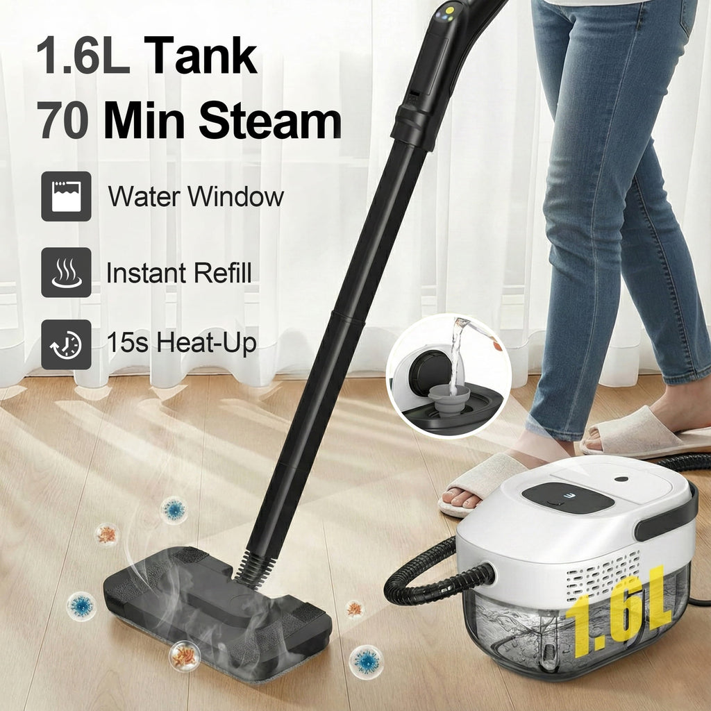 Powerful Steam Cleaner – 15s Heat-Up 2500W Handheld Steamer with 3-Level Adjustable Handle 1.6L Tank & 16 Accessories – Portable Steamer for Home, Car, Grease, Grout, Tile & Upholstery