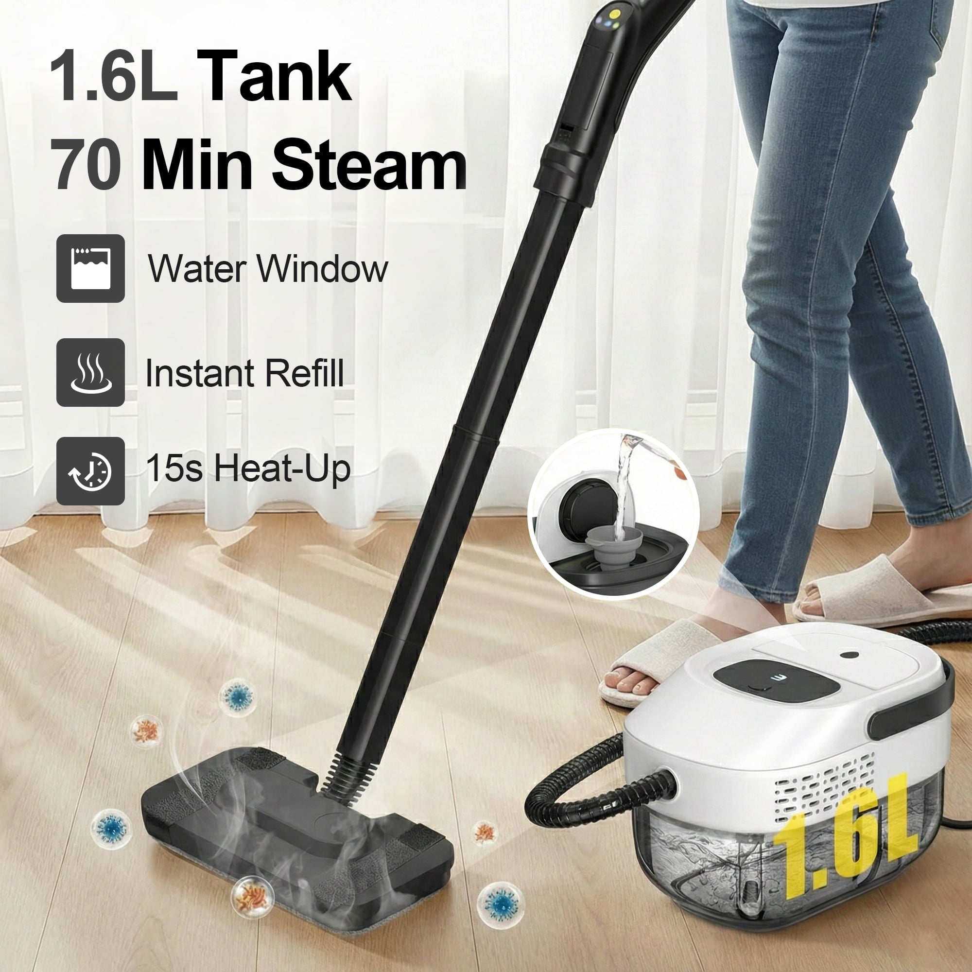 Powerful Steam Cleaner – 15s Heat-Up 2500W Handheld Steamer with 3-Level Adjustable Handle 1.6L Tank & 16 Accessories – Portable Steamer for Home, Car, Grease, Grout, Tile & Upholstery