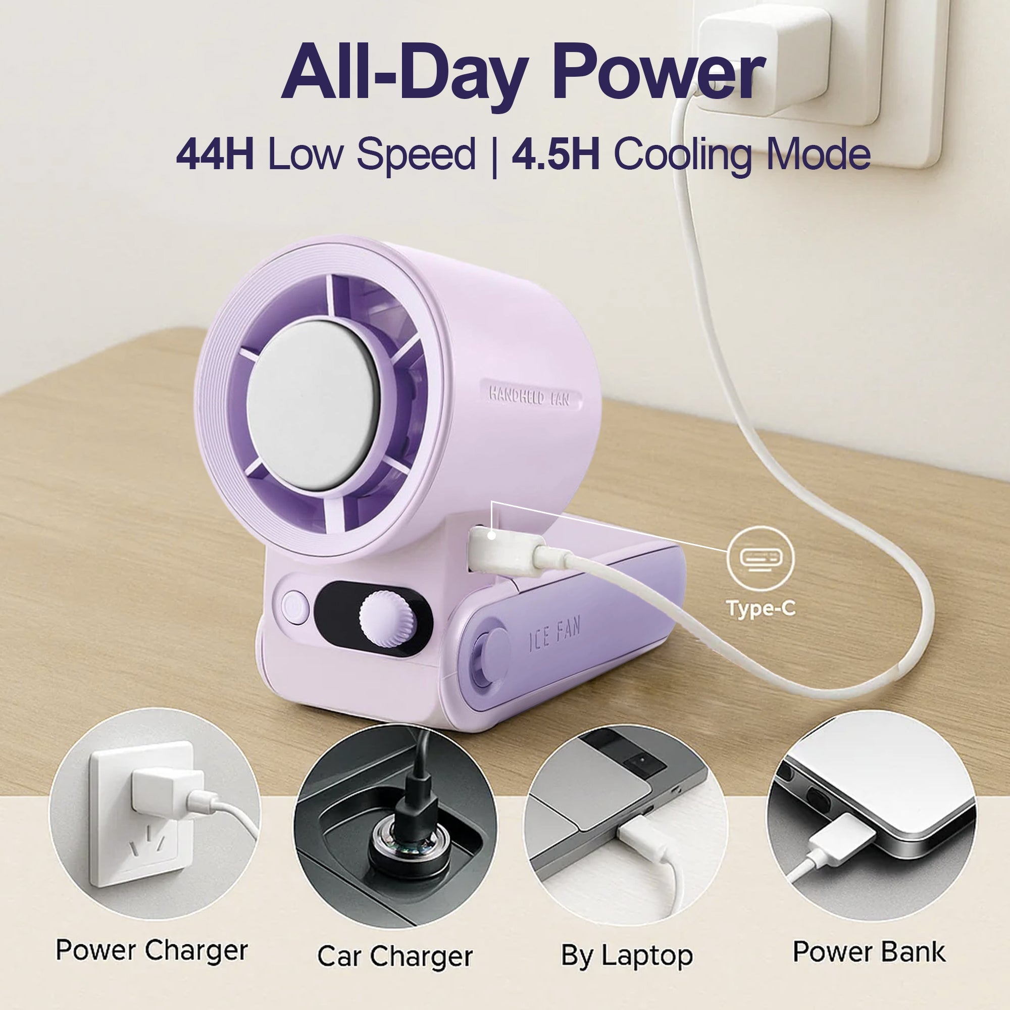 Rebelduck Portable Handheld Turbo Fan with Ice Cooler Technology – 199-Speed High-Speed Cooling Fan Up to 44 Working Hours Type-C Fast Charge Ultra-Quiet & Lightweight, Purple
