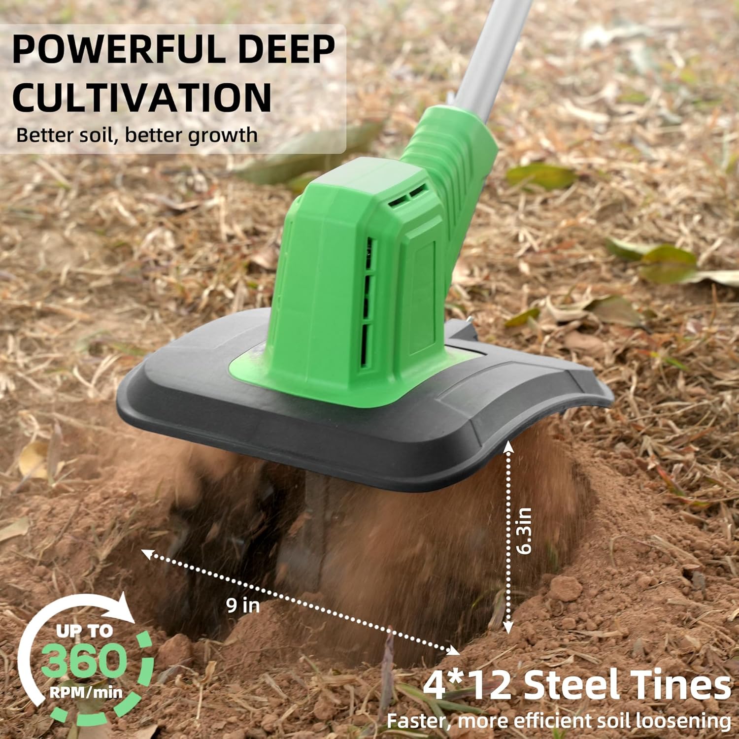Cordless Tiller Cultivator, 360RPM Battery Powered Garden Cultivator, with 2 * 3.0Ah Batteries & Charger, 9In Tilling Width & 6In Depth Tiller for Gardening