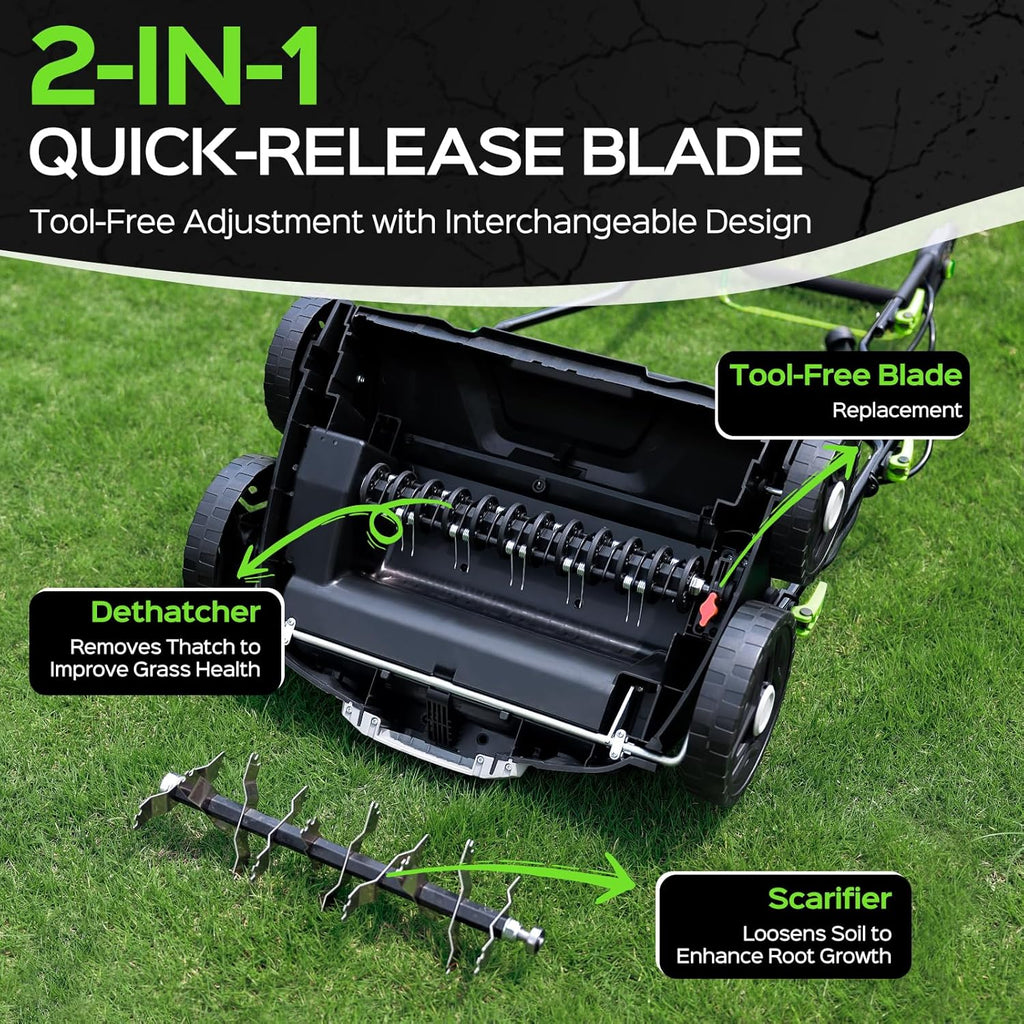 2026 Upgrade 16-Inch 15.5 Amp 2-in-1 Electric Dethatcher and Scarifier with 14.5-Gallon Collection Bag, Lawn Dethatcher with 5-Position Depth Adjustment, Keeps Lawn Healthy - Green