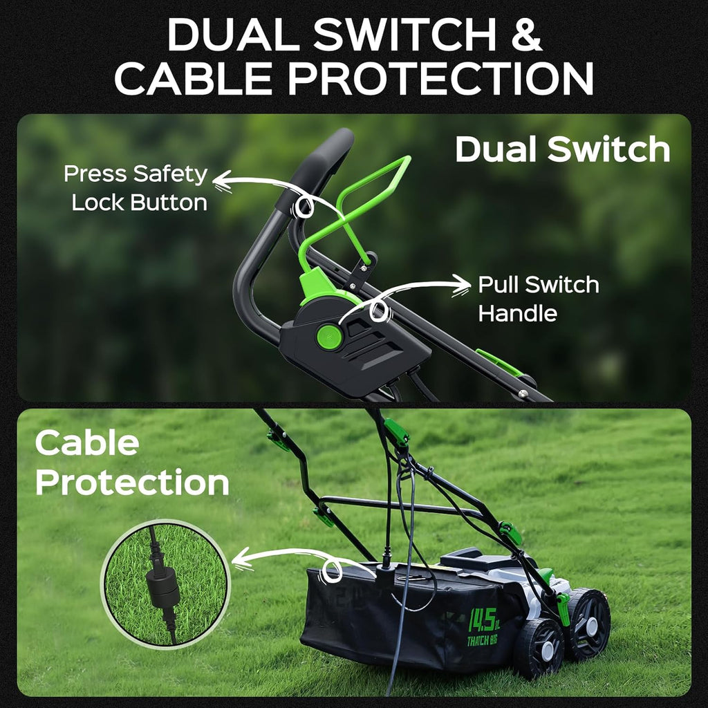 2026 Upgrade 16-Inch 15.5 Amp 2-in-1 Electric Dethatcher and Scarifier with 14.5-Gallon Collection Bag, Lawn Dethatcher with 5-Position Depth Adjustment, Keeps Lawn Healthy - Green