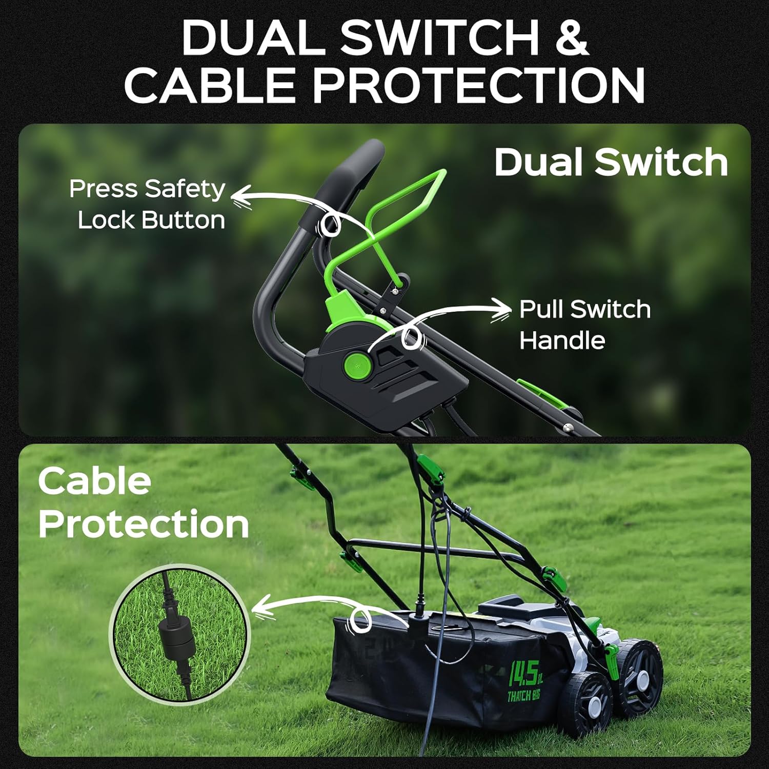 2026 Upgrade 16-Inch 15.5 Amp 2-in-1 Electric Dethatcher and Scarifier with 14.5-Gallon Collection Bag, Lawn Dethatcher with 5-Position Depth Adjustment, Keeps Lawn Healthy - Green