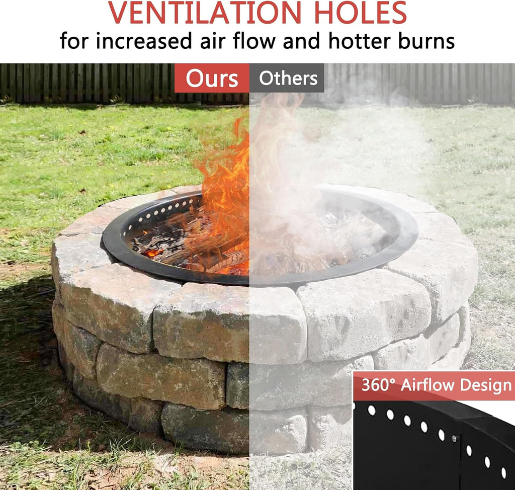 Fire Pit Ring, AOVOX Heavy Duty Round Steel Wood Burning Fire Pit Insert with Vent Holes, Portable In-Ground & Above Ground Outdoor Fire Ring for Backyard Patio Camping Garden