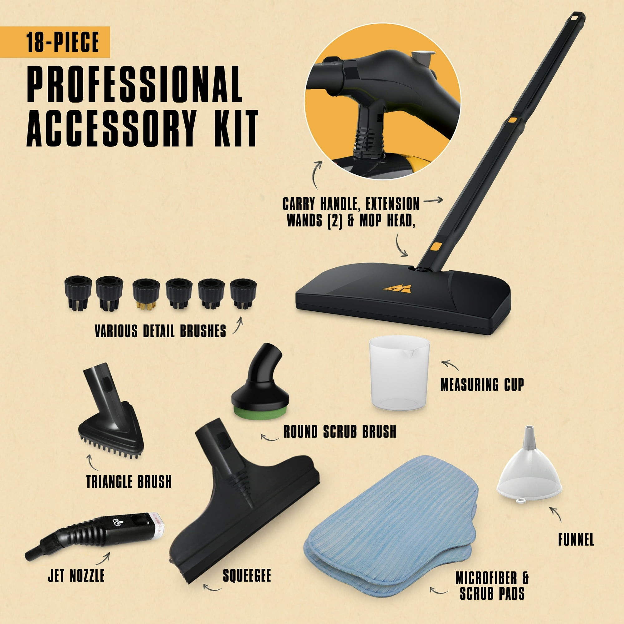Rebelduck MC1275 Heavy-Duty Steam Cleaner, 45 Minute Runtime, 18 Accessories: Mop Head, Brushes, & More - Built for Home, Tile, Grout, Carpet, Furniture, Car Detailing, & Commercial Deep Cleaning
