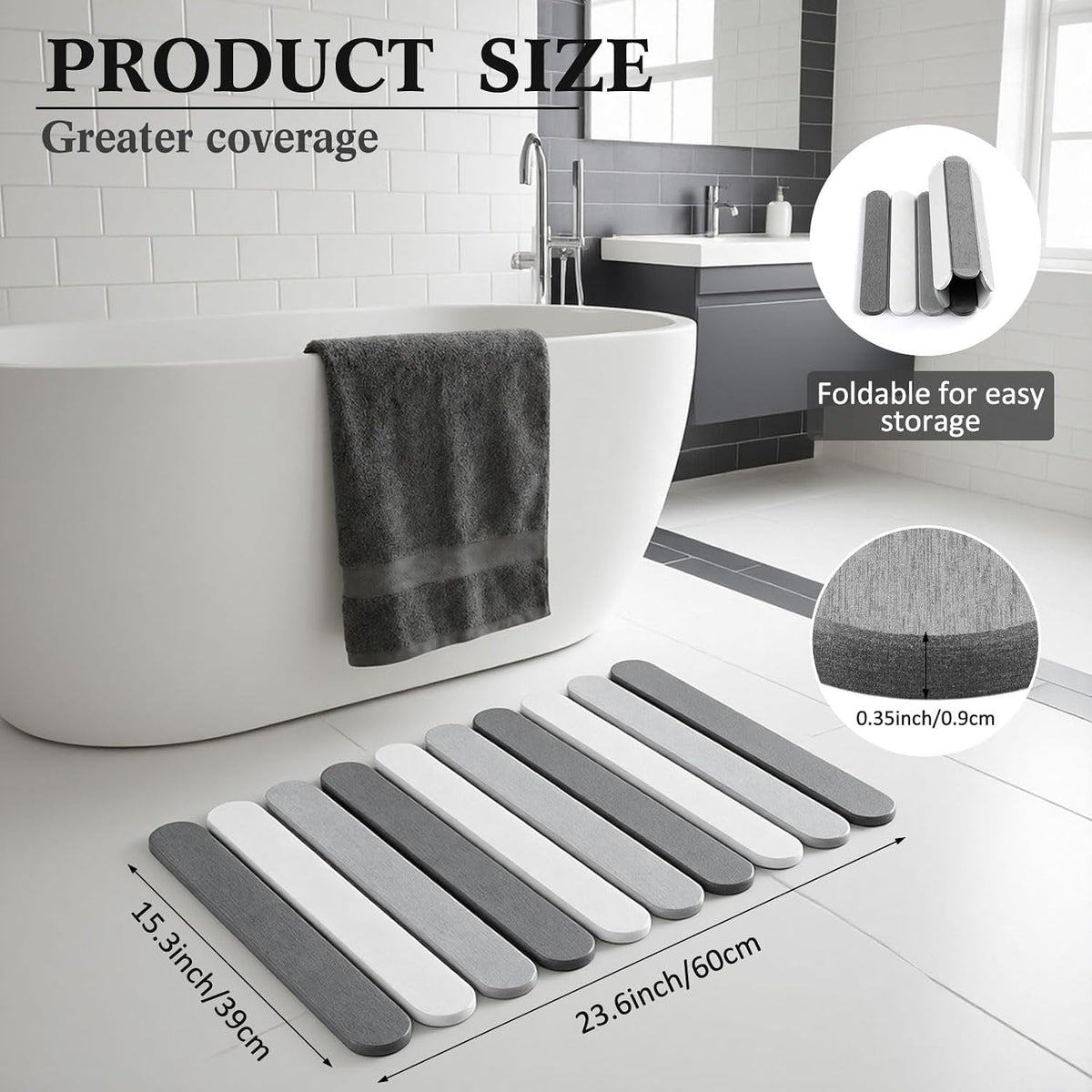 AOVOX Stone Bath Mats for Bathroom, 23.6 x 15.3 Inch Foldable Super Absorbent Diatomaceous Earth Bath Mat, Non Slip Quick Drying Bathroom Shower Rugs, Easy to Clean and Storage (Rounded Edge)