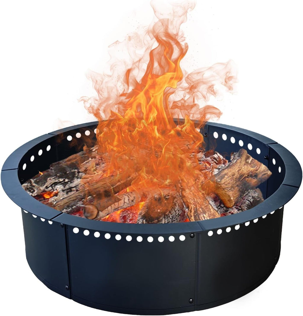Fire Pit Ring, AOVOX Heavy Duty Round Steel Wood Burning Fire Pit Insert with Vent Holes, Portable In-Ground & Above Ground Outdoor Fire Ring for Backyard Patio Camping Garden