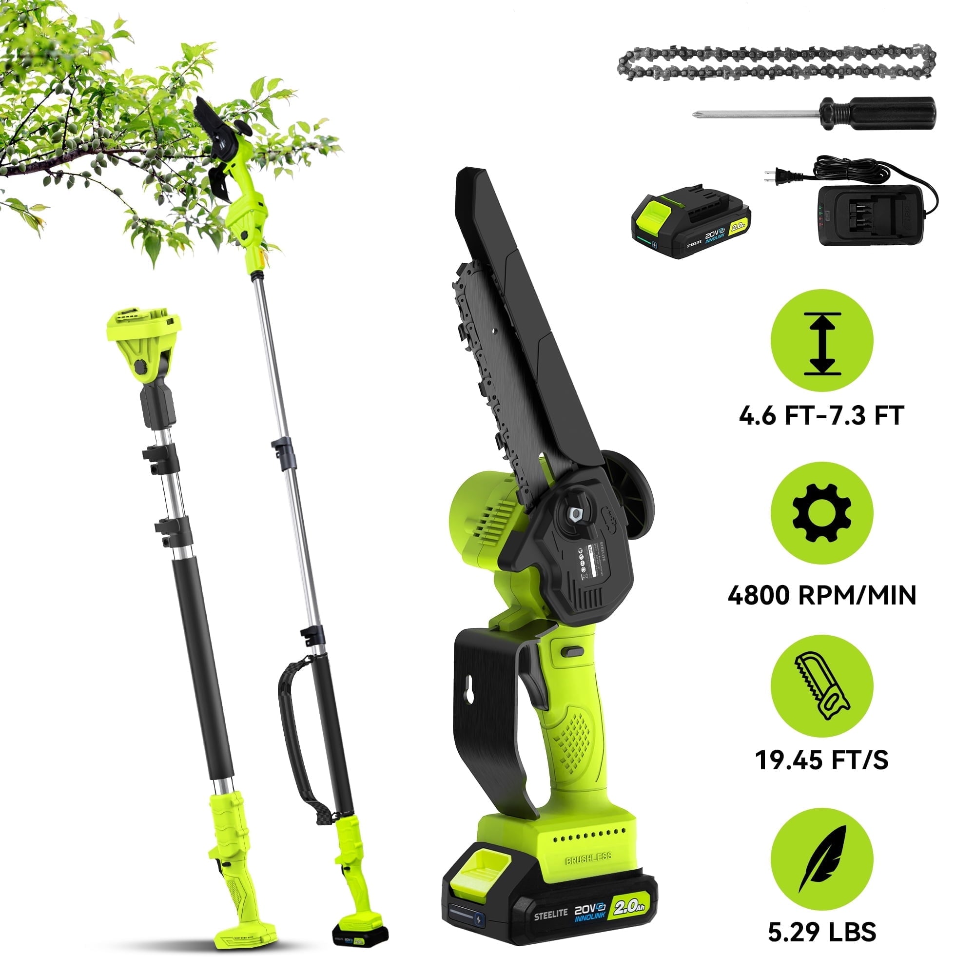 2-in-1 Cordless Pole Saw & 6" Electric Mini Chainsaw,21V 2.0 Ah Battery Powered Brushless Pole Chainsaw ,13 FT Max Reach for Tree Trimming,5.29 lbs Lightweight,with Replacement Chain