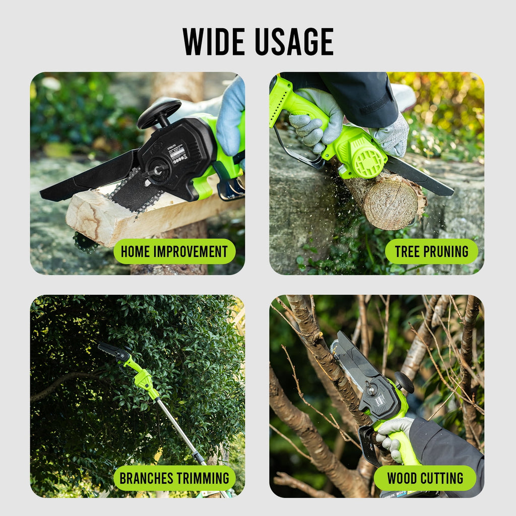 2-in-1 Cordless Pole Saw & 6" Electric Mini Chainsaw,21V 2.0 Ah Battery Powered Brushless Pole Chainsaw ,13 FT Max Reach for Tree Trimming,5.29 lbs Lightweight,with Replacement Chain