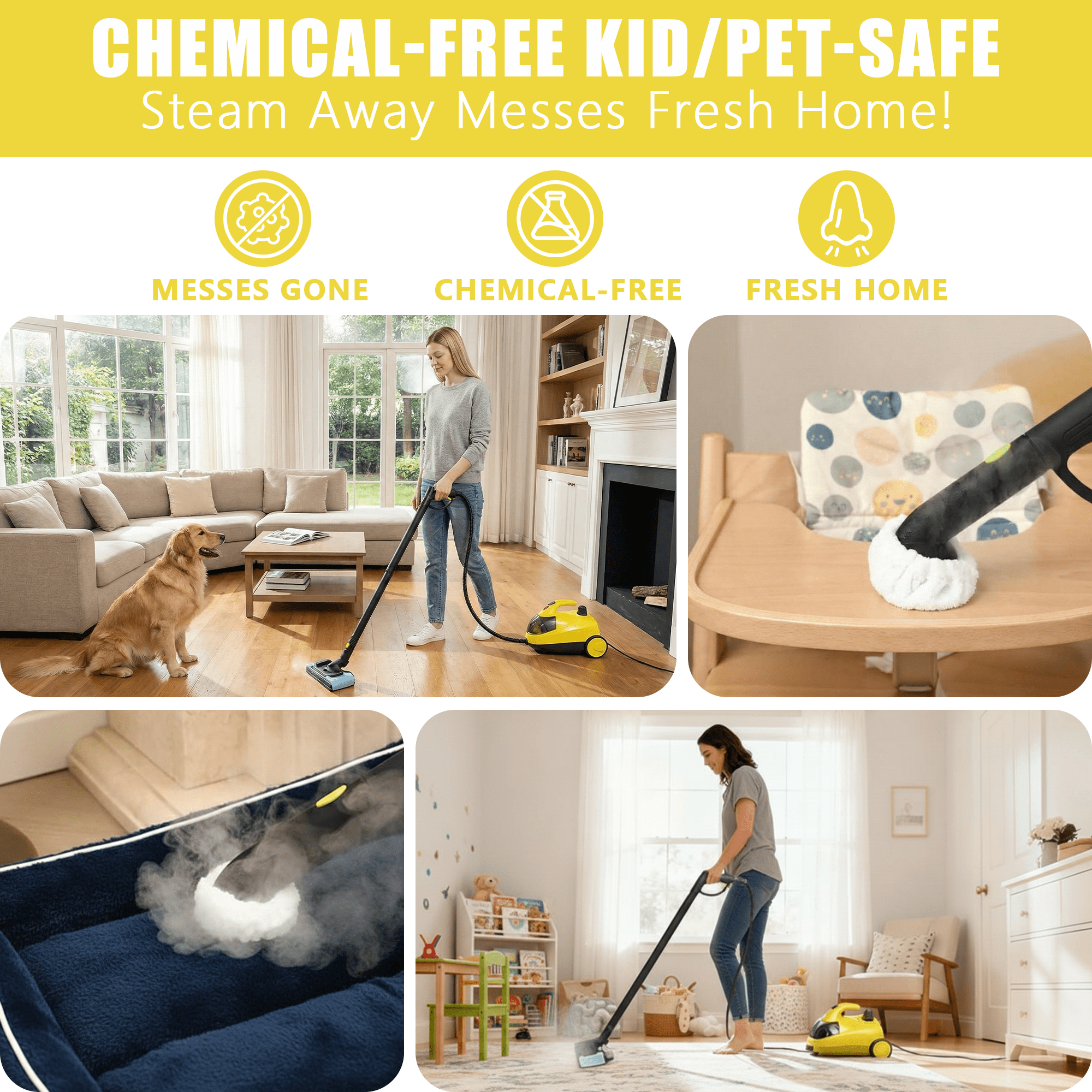 Heavy-Duty Steam Cleaner - 1500W Multipurpose Handheld Floor Steamer with 22 Accessories 16ft Cord for Home, Car Detailing, Tile, Grout, Carpet, Wallpaper, Upholstery, Window, Deep Cleaning