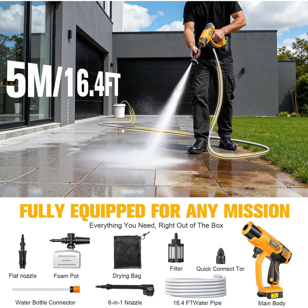 Cordless Pressure Washer Compatible with DeWalt 20V Battery, 1200PSI Ultra-Light 2.2LBS with Brushless Motor, 16.4ft Hose & 6-in-1 Nozzle + Foam Cannon for Car, Patio, Fence