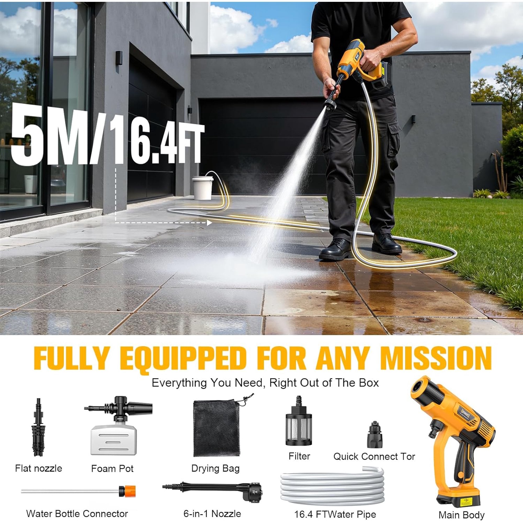 Cordless Pressure Washer Compatible with DeWalt 20V Battery, 1200PSI Ultra-Light 2.2LBS with Brushless Motor, 16.4ft Hose & 6-in-1 Nozzle + Foam Cannon for Car, Patio, Fence