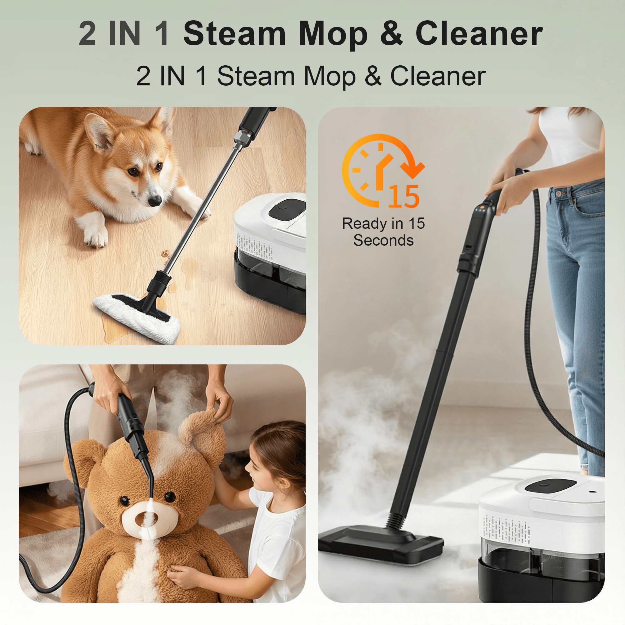 Powerful Steam Cleaner – 15s Heat-Up 2500W Handheld Steamer with 3-Level Adjustable Handle 1.6L Tank & 16 Accessories – Portable Steamer for Home, Car, Grease, Grout, Tile & Upholstery