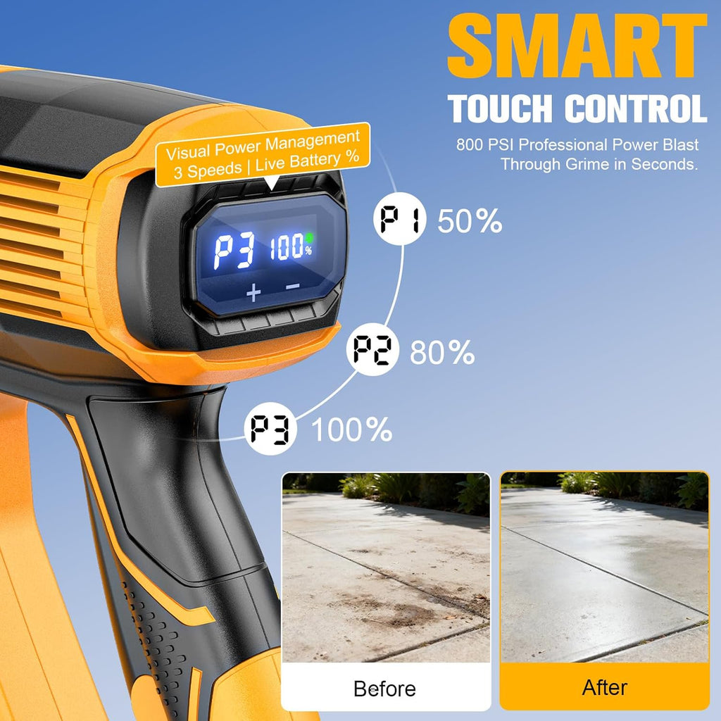 Cordless Pressure Washer Compatible with DeWalt 20V Battery, 1200PSI Ultra-Light 2.2LBS with Brushless Motor, 16.4ft Hose & 6-in-1 Nozzle + Foam Cannon for Car, Patio, Fence