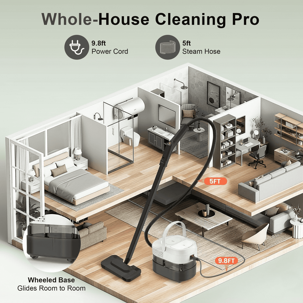 Powerful Steam Cleaner – 15s Heat-Up 2500W Handheld Steamer with 3-Level Adjustable Handle 1.6L Tank & 16 Accessories – Portable Steamer for Home, Car, Grease, Grout, Tile & Upholstery
