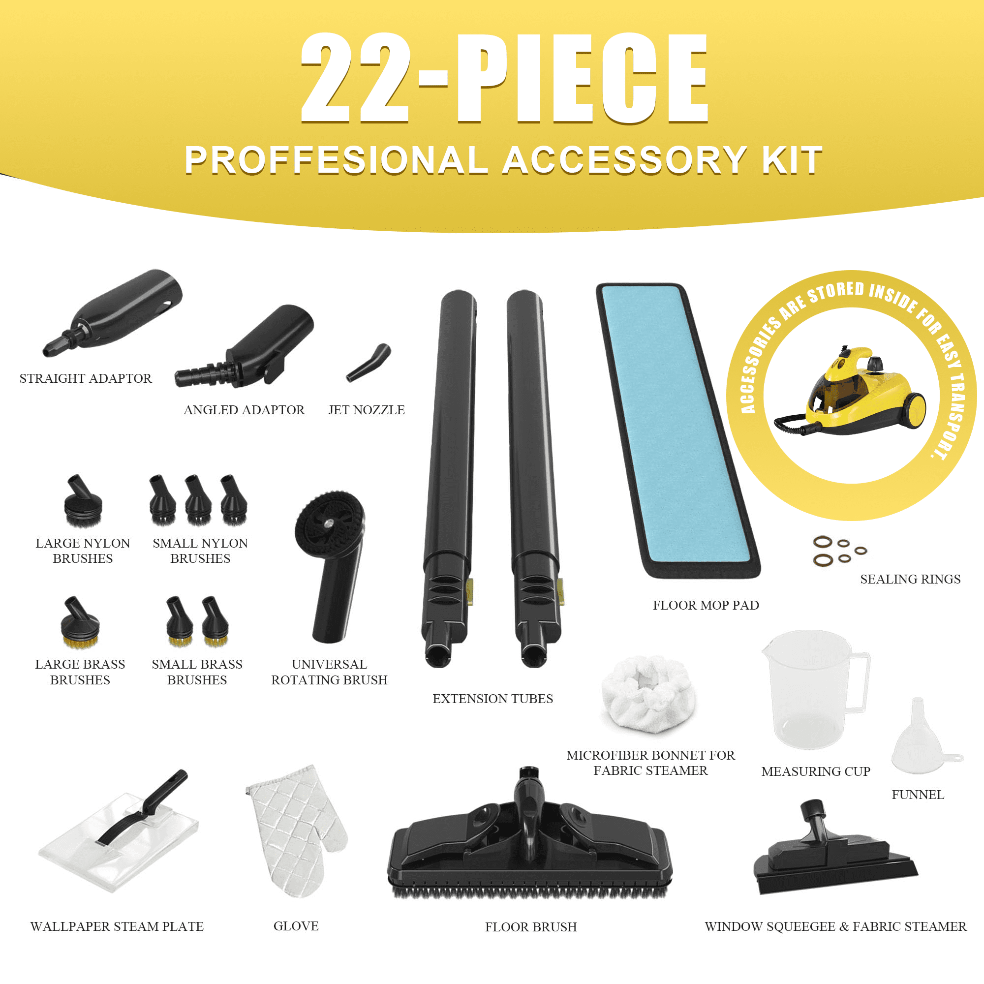 Heavy-Duty Steam Cleaner - 1500W Multipurpose Handheld Floor Steamer with 22 Accessories 16ft Cord for Home, Car Detailing, Tile, Grout, Carpet, Wallpaper, Upholstery, Window, Deep Cleaning