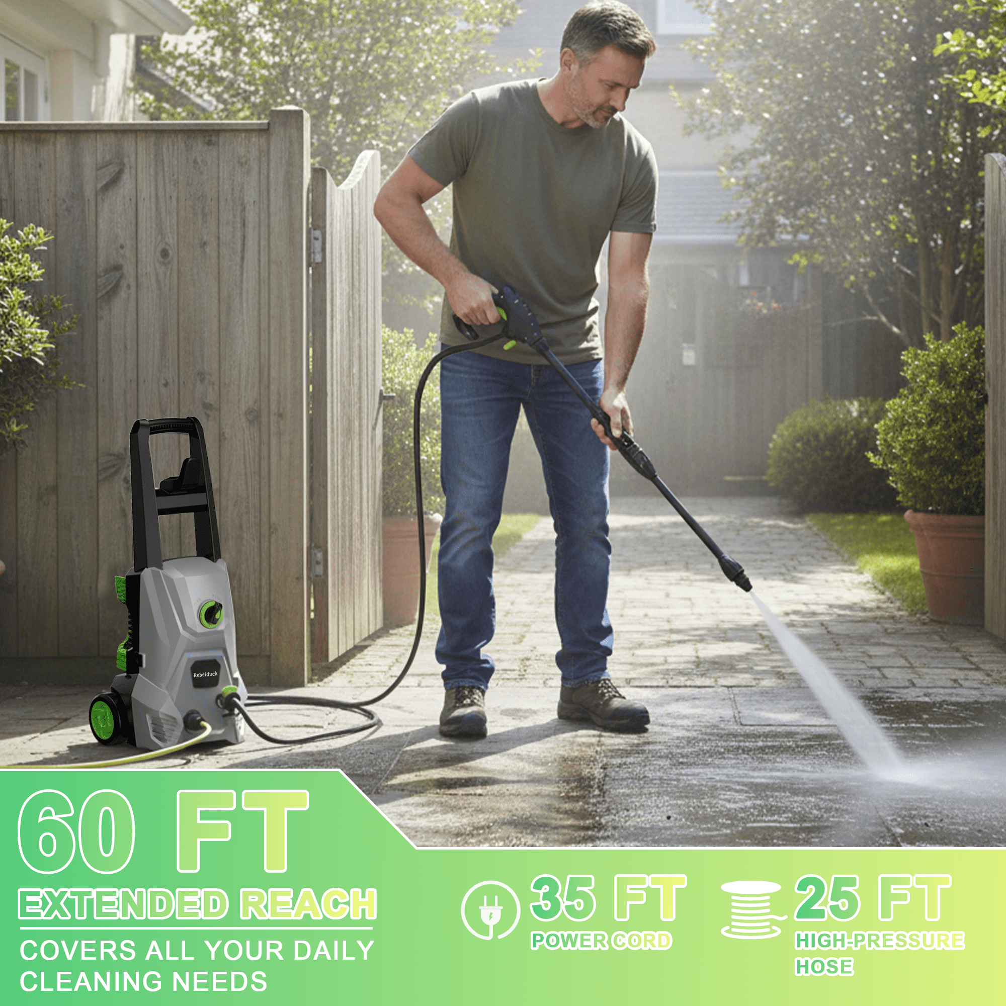 Rebelduck 4000 PSI Electric Pressure Washer Max 2.6 GPM Power Washer with Adjustable Nozzle 0-120°,Foam Cannon 35FT Power Cord 20FT Hose for Car Garden Yard Hom