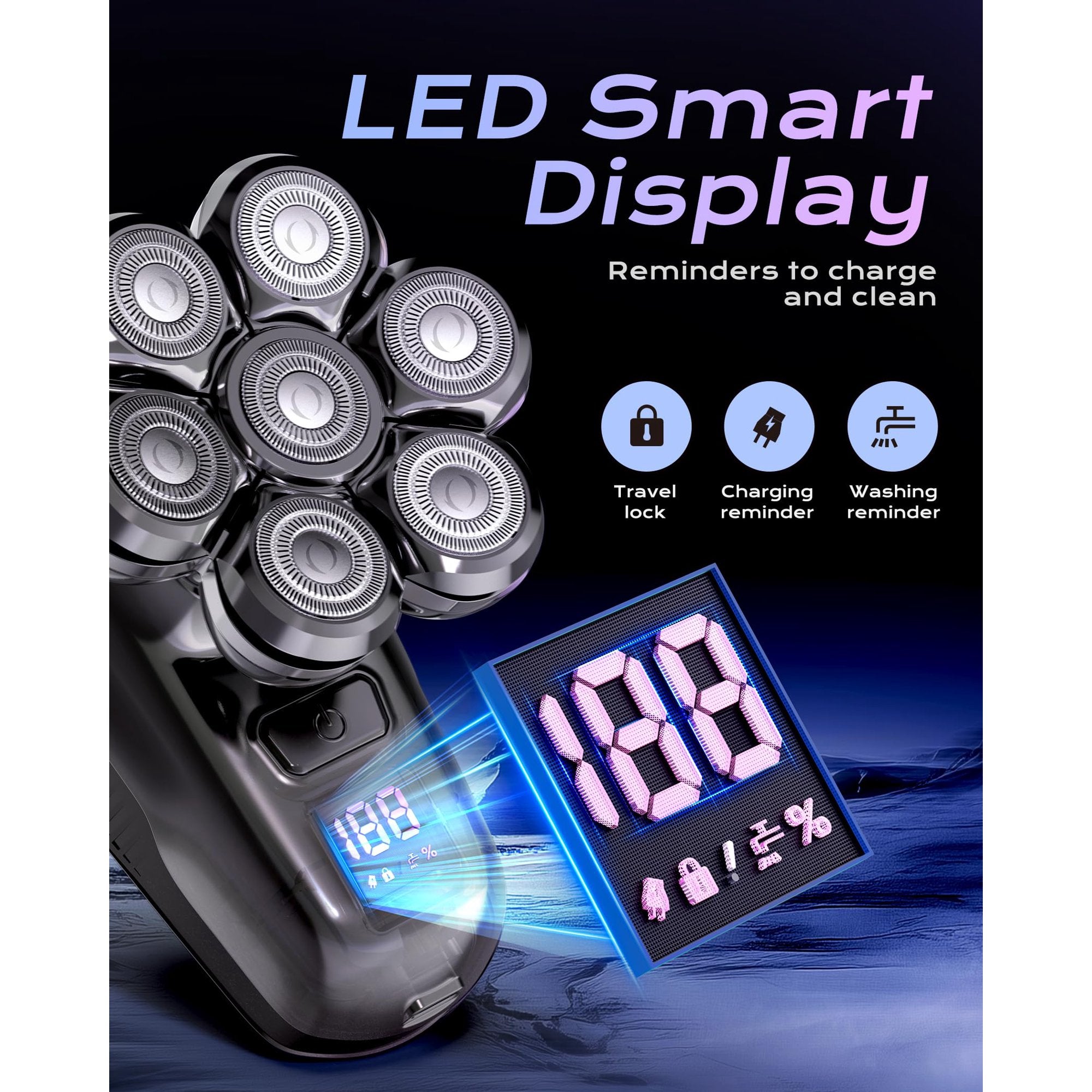 7D Head Shavers for Bald Men, Detachable Head Shaver LED Display Dry Wet Bald Head Razor, IPX7 Waterproof Head Shavers with Type-C Charge