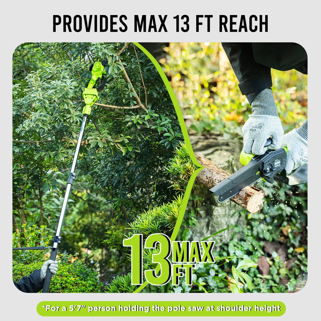 2-in-1 Cordless Pole Saw & 6" Electric Mini Chainsaw,21V 2.0 Ah Battery Powered Brushless Pole Chainsaw ,13 FT Max Reach for Tree Trimming,5.29 lbs Lightweight,with Replacement Chain