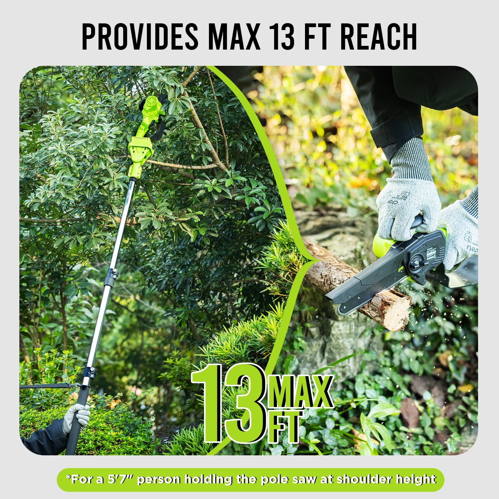 2-in-1 Cordless Pole Saw & 6" Electric Mini Chainsaw,21V 2.0 Ah Battery Powered Brushless Pole Chainsaw ,13 FT Max Reach for Tree Trimming,5.29 lbs Lightweight,with Replacement Chain