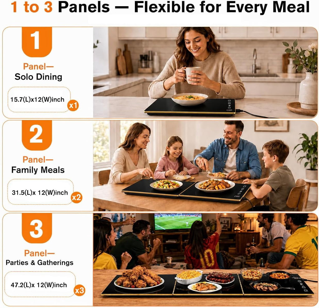 Food Warming Tray for Parties Buffet, Modular 1-3 Panel Electric Warming Tray, 47.2" x 12” Food Warmer with Rapid Heating,10 Temp Settings and 8-Hour Timer, Safe for All Tabletops,Holiday Gatherings.